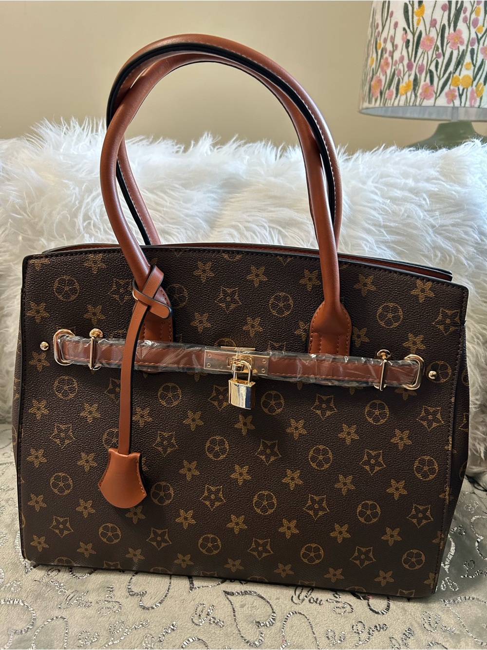 NWT Brown Monogram Tote Handbag with Gold Lock & Matching Wallet - Picture 1 of 11